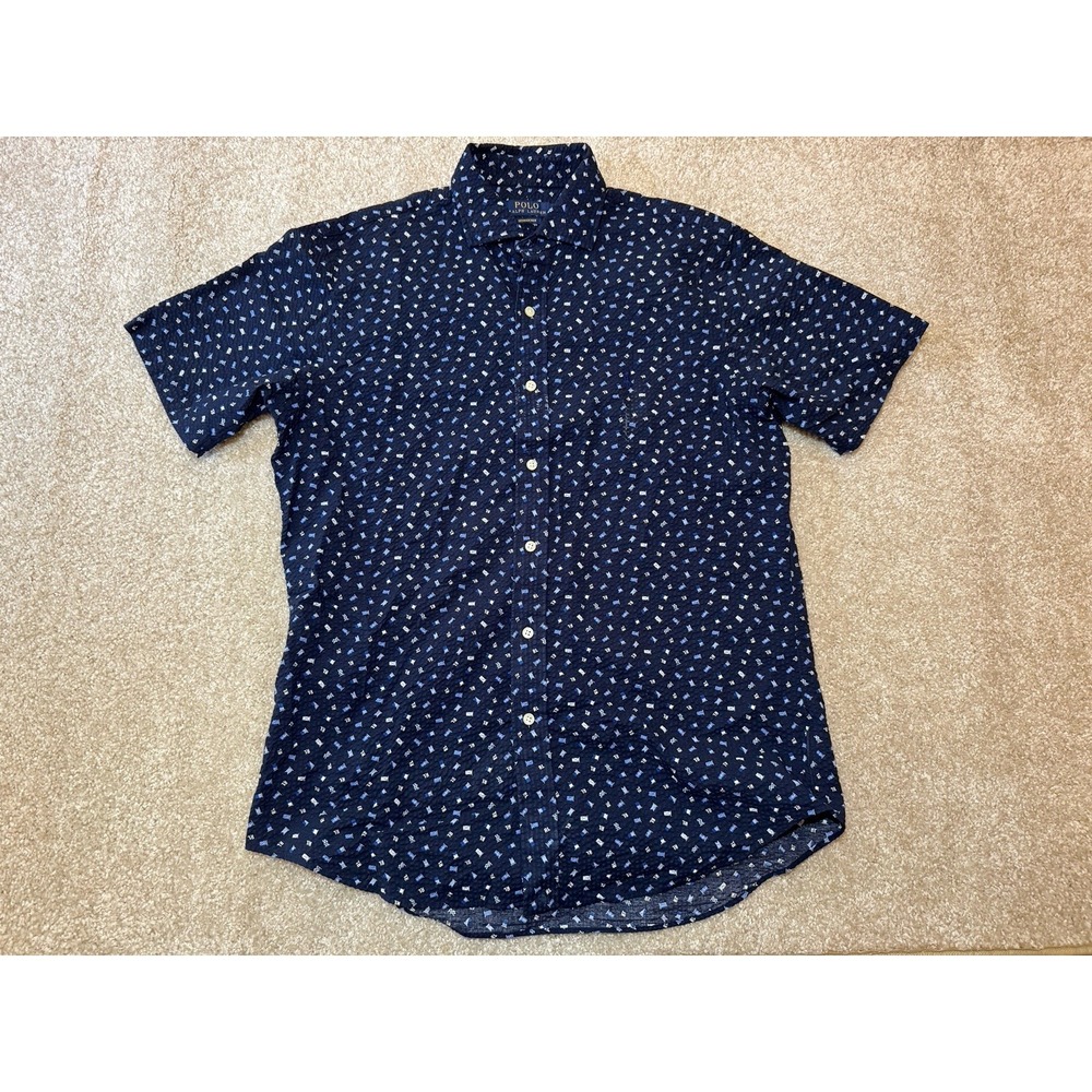 Polo Ralph Lauren Shirt Mens Medium Navy Seersucker Nautical Flags Short Sleeve - Picture 2 of 3